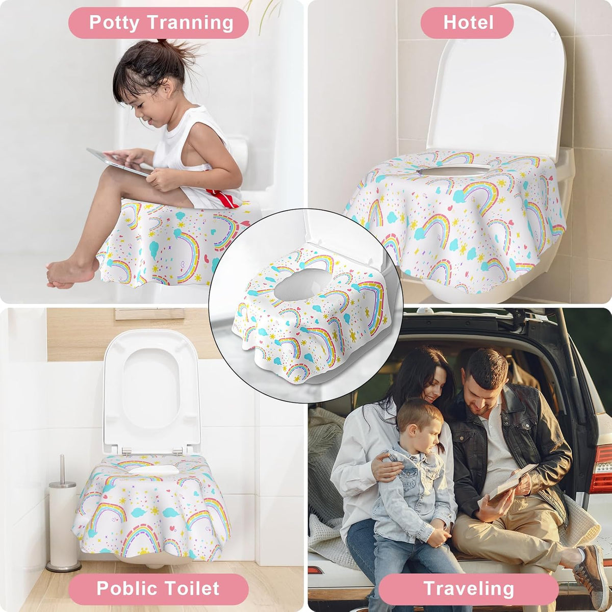 50 PCS Disposable Toilet Seat Covers, Extra Large Portable Potty Seat Covers for Toilet, Bathroom, Toddler & Kid Potty Training Seat Cover, Travel Essentials for Airplane, Trip-Rainbow