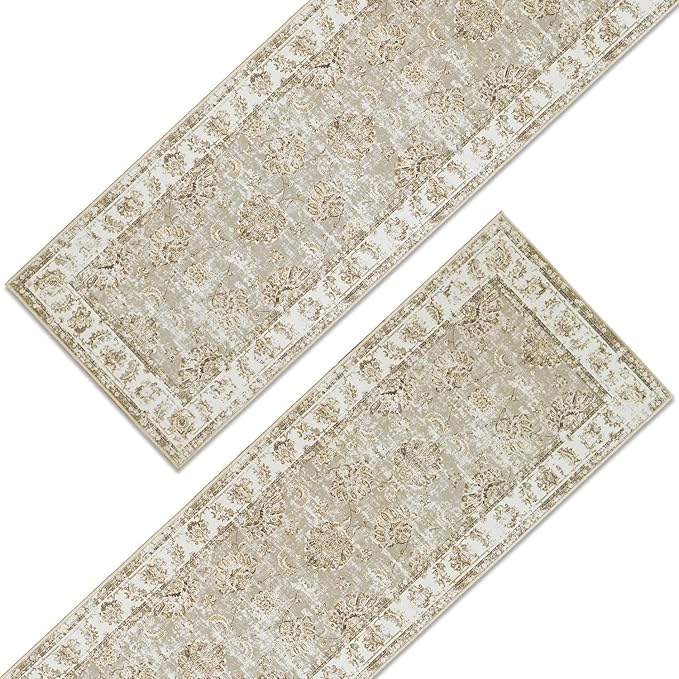jinchan Runner Rug 3x8-2pcs Kitchen Washable Vintage Hallway Rug Floral Print Floor Cover Indoor Thin Retro Mat Accent for Bathroom Laundry Room Bedroom Office Farmhouse (Double,Taupe)