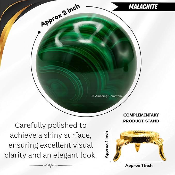 Amazing Gemstone Malachite Crystal Ball with Stand - 2" Inches Crystal Sphere Meditation Balls for Witchcraft and Decorative Balls