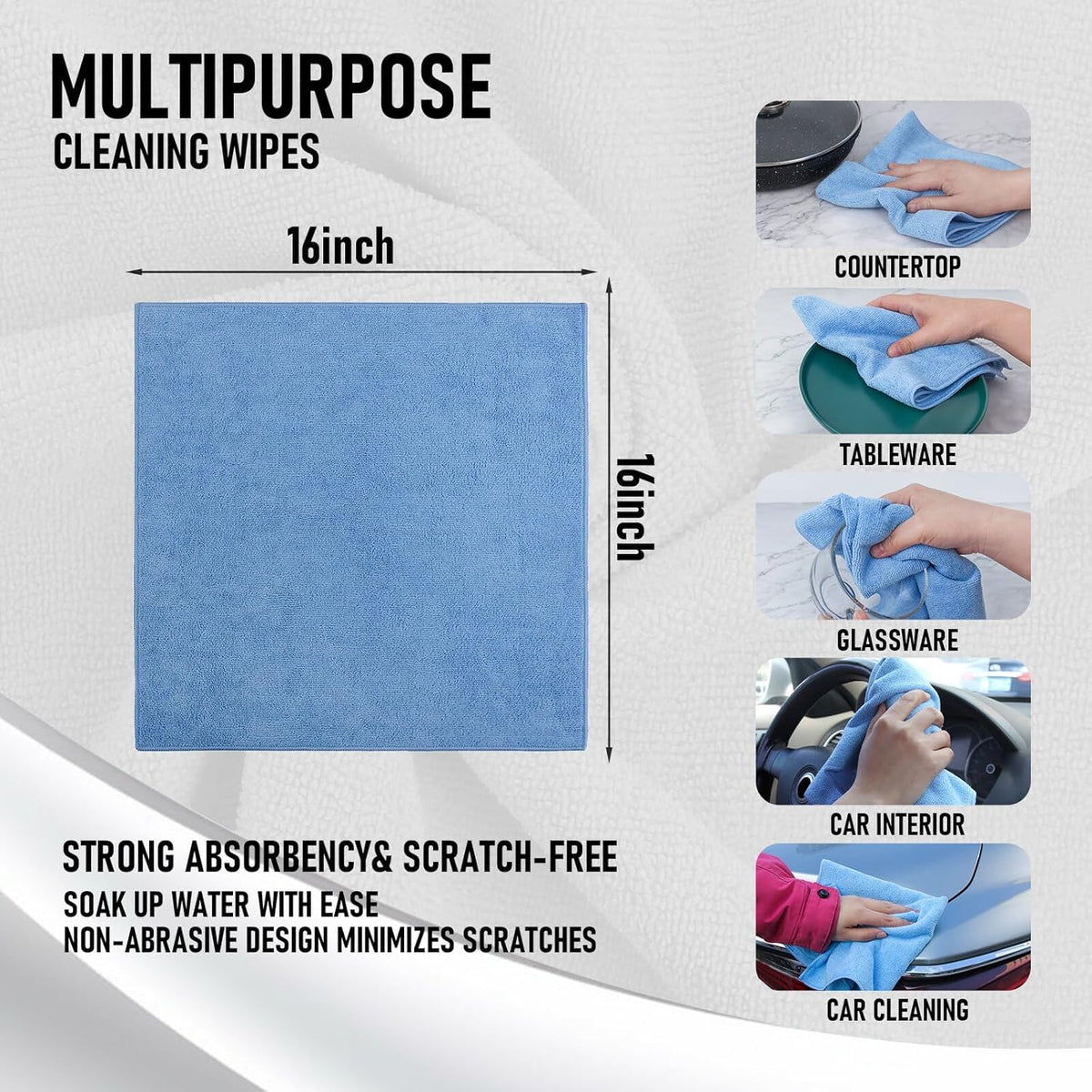 Tricol Clean Microfiber Cleaning Cloth, 16in*16in, 12 Pack Ultra-Thick Cleaning Rags, Super Absorbent, Lint Free & Streak Free Cleaning Towels for Car, House, Kitchen, Office