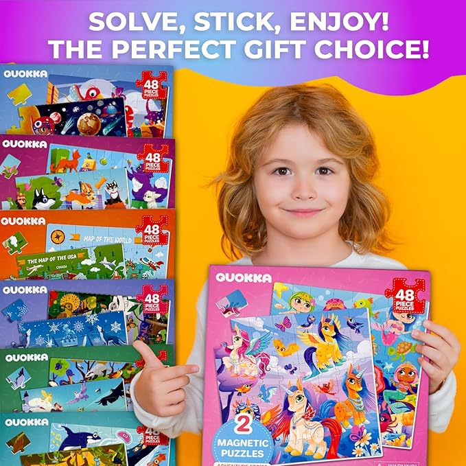 QUOKKA Magnetic Puzzles for Kids Ages 4-6 - 2x48 Travel Puzzle Games for Toddlers 3-5 Years Old - Car Activities Toy for Boys and Girls 2-4 yo - Unicorns & Mermaid Learning Magnet for Road Trip