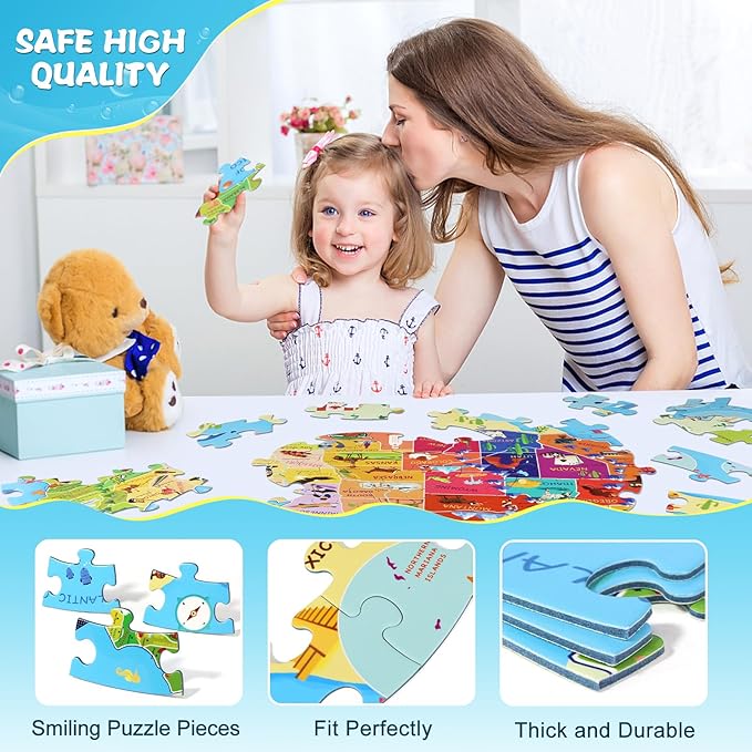 United States Puzzle 70 Pieces USA Map Floor Jigsaw Puzzles for Kids Ages 4-10, Jumbo Round US Geography Puzzle 50 States with Capitals Educational Learning Toys for Boy or Girl
