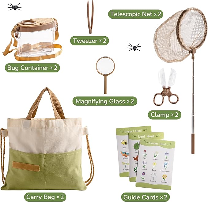 ROBOTIME 2Sets Bug Catcher for Kids, Sturdy Bug Catching Kit with Butterfly Net, Insect Box, Magnifying Glass, Tweezer, Clamp, Cards and Carry Bag, Bug Habitat Outdoor Explorer Kit for Kids 3-12