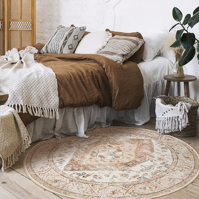 Lahome Boho Round Area Rug - 5Ft Machine Washable Round Bedroom Rugs Non-Slip Throw Large Round Rugs for Living Room, Oriental Distressed Print Circle Rugs for Office Dining Room Kitchen Classroom