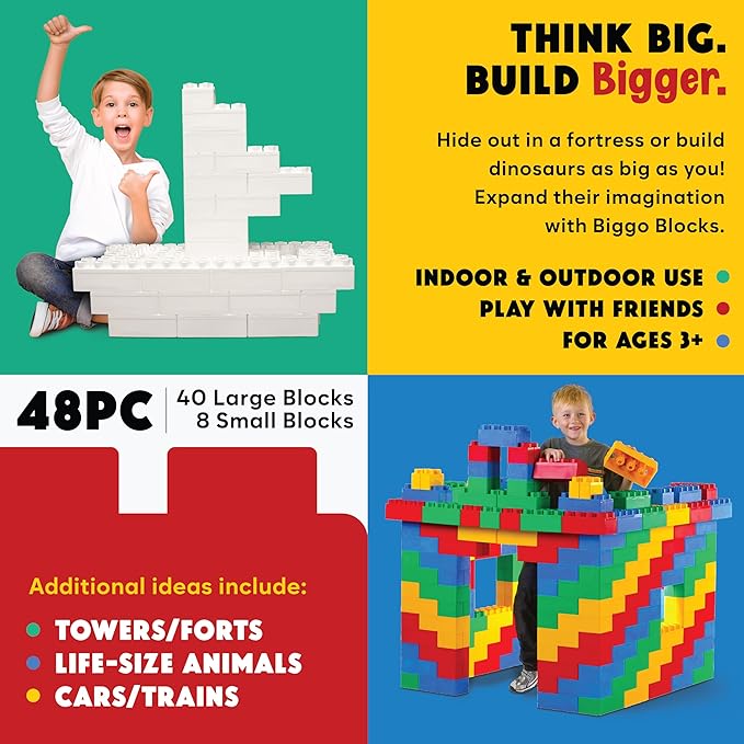 Big Blocks for Kids Ages 4-8 — Indoor & Outdoor Blocks Kids Games — White Large Building Blocks - 48 pc