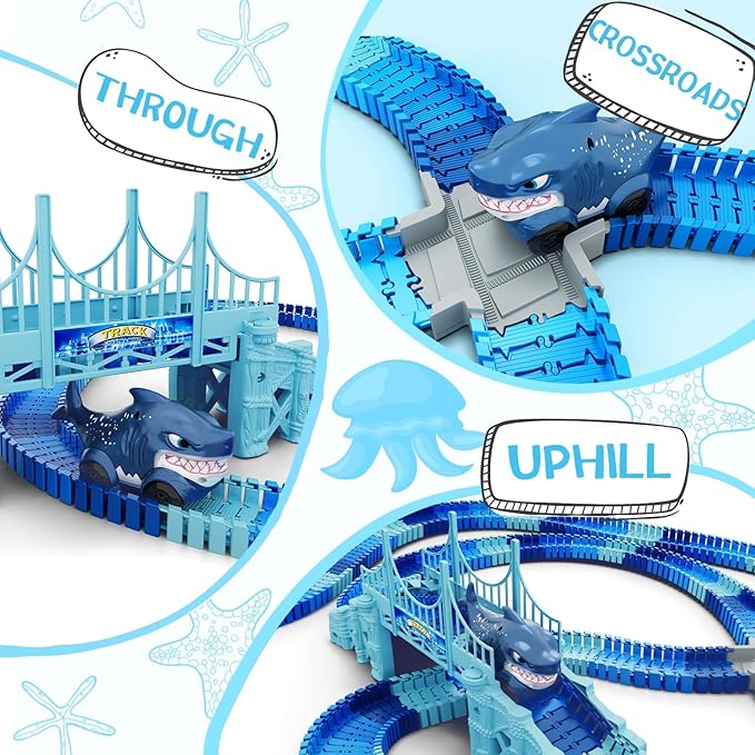Track Race Car Toys for Kids, Create A Ocean World Race Road, Flexible Tracks Playset & 2PCS Cool Shark Cars, Toddler Toys Birthday Gifts for Age 3 4 5 6 Year Old Boys Girls