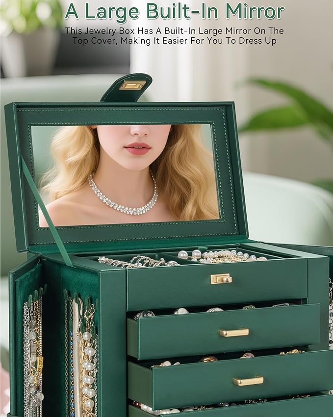 AKOZLIN 360° Rotating Jewelry Box 6-Tier Organizer Functional Jewelry Storage Case for Women Girls Ring Necklace Earring Bracelet Holder with Mirror