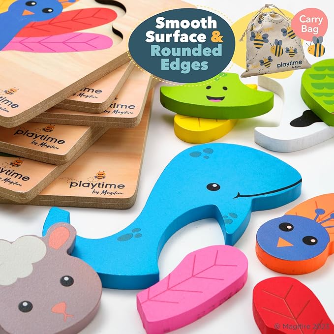 MAGIFIRE Wooden Puzzles for Toddlers 1-3 - 6-Pack Multicolor Cartoon Animal Puzzle Set - Large Easy-Grip Pieces for Small Hands with Storage Bag and Box