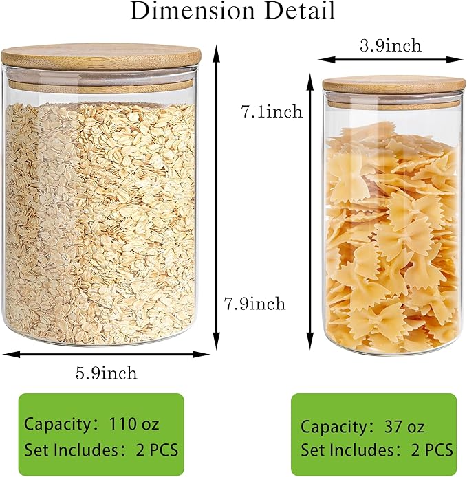 Glass Storage Jars Set Elegant Containers with Airtight Bamboo Lids, Perfect for Kitchen Organization - Flour, Rice, Pasta, Sugar, Coffee Beans (2 packs(37oz) / 2 packs(111oz))