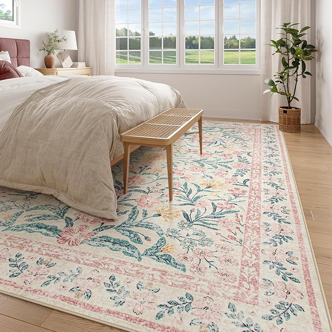 Wonnitar Machine Washable 10x14 Area Rugs, Large Living Room Rug Floral Pink and White Carpet, Boho Soft Ultra-Thin Foldable Carpets for Bedroom Dining Room Office