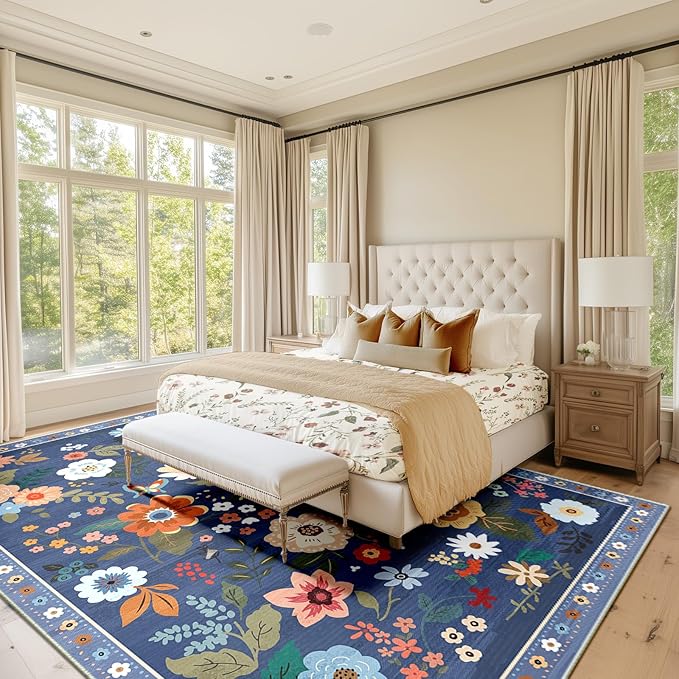 Floral 6x9 Area Rug Machine Washable Soft Print Boho Carpet Non Slip Doormat Low Pile Flower Area Rugs for Living Room Bedroom Nursery Kitchen Dining Room Indoor-Blue/Grey
