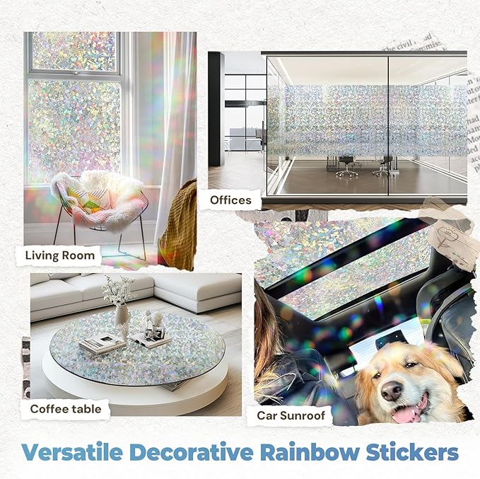 DOWELL Window Privacy Film Rainbow Film, Stained Glass Decorative Sticker, Static Cling Non-Adhesive Glass Clings, Sun Blocking Heat Control Window Coverings for Home Door, 23.6" x 157.4"