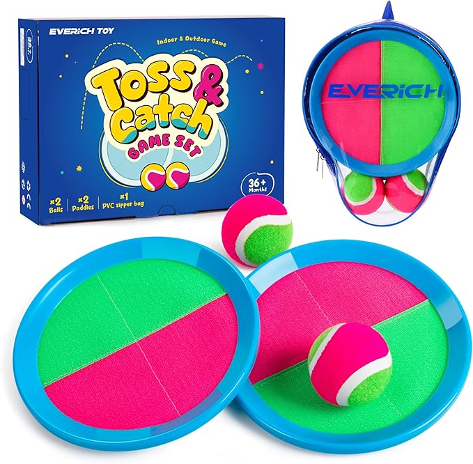 EVERICH Upgraded Toss and Catch Ball Game Set - Indoor and Outdoor Games for Kids 3-12, Beach Sand Pool Water Toy Includes 2 Paddles 2 Sticky Balls, Great Birthday Easter Gifts for Boys Girls