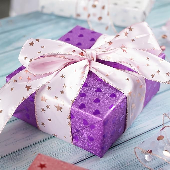 MEEDEE Rose Gold Star Satin Wired Ribbon - 2.5 Inch Pink Wedding Ribbon - 25 Yards Roll Christmas Decor