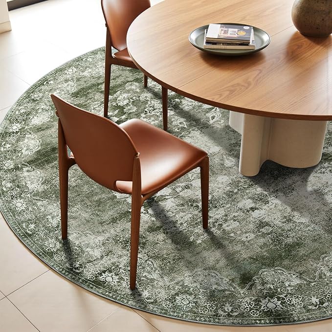 jinchan Round Rug 7ft Area Rug - Green Vintage Floor Mat Kitchen Indoor - Washable Circle 7' Thin Floral Print Carpet Retro Farmhouse Non Slip Dining Room Living Room Bedroom Office