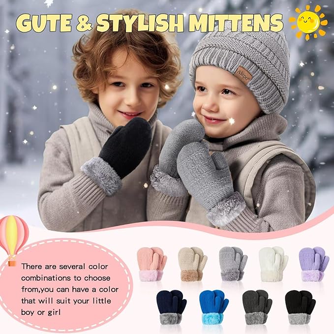Winter Mittens Gloves Beanie Hat Set for Kids Baby Toddler Children, Thick Warm Knit Fleece Lined Thermal Set for Boys Girls