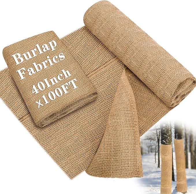 Buryeah 40 Inch x 100 ft Burlap Fabrics Roll Natural Jute Burlap Tree Wraps Protector Winter Frost Plant Blankets Cloth Weed Barrier Fabric Garden Plants for Winter Outdoor Trees Shrubs Party