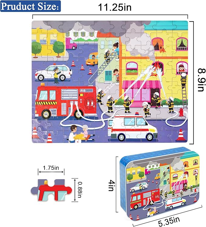 LELEMON 100 Pieces Jigsaw Puzzles in a Metal Box for Kids Age for 4-8 Boys Girls Toy Puzzles Fire Truck Ambulance Police Car Fireman Children Learning Educational Puzzles Toys