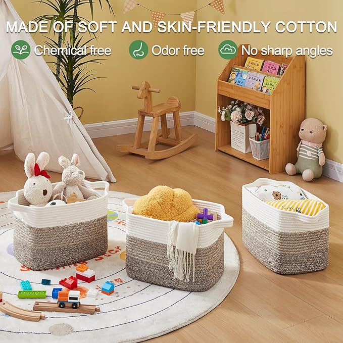 OIAHOMY Storage Basket, Woven Baskets for Storage, Cotton Rope Basket for toys,Towel Baskets for Bathroom - Pack of 3, Gradient Dark Gray