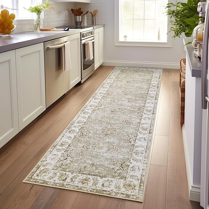 jinchan Hallway Runner Rug 3x10 Washable Runner - Vintage Floral Non Slip Low-Pile Soft Thin Faux Wool Kitchen Rug Distressed Carpet for Farmhouse Bedroom Laundry Room(3x10ft,Taupe)
