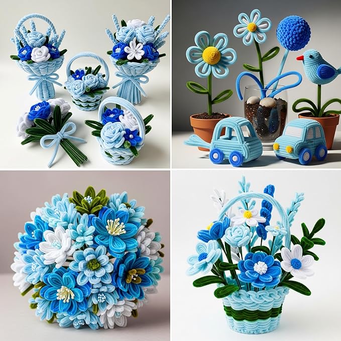 Caydo 500 Pieces Blue Flowers Pipe Cleaners, Chenille Stems, Pipe Cleaner Crafts for DIY Art and Craft Projects Creative Gift Party Decorations