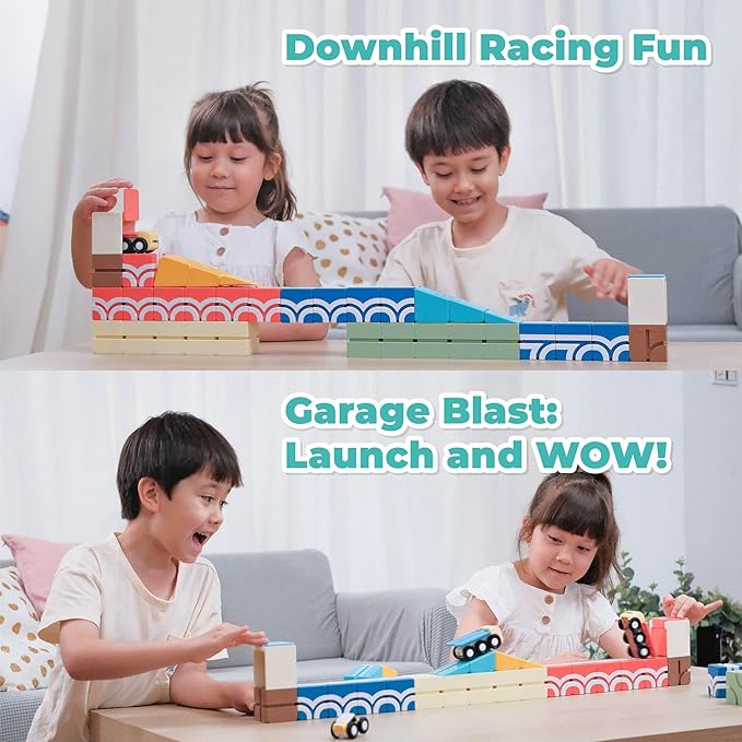 QBI Magnetic Blocks Play Starter Set｜4-in-1 STEM Building Blocks with 4 Cars & 3D Track Tiles｜Educational Sensory Magnet Toys｜Preschool Montessori Toys for Kids Ages 3-5-8 Year Old Boys and Girls