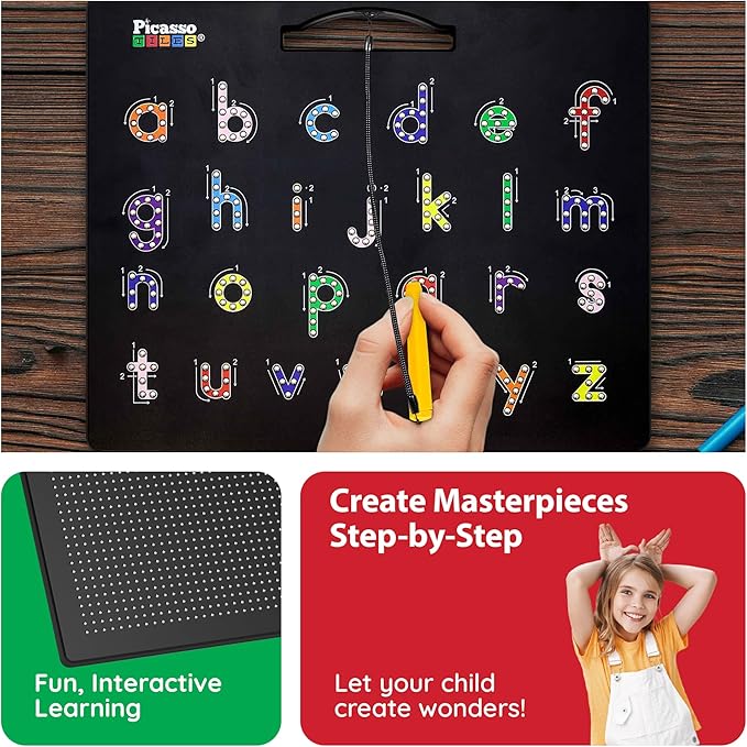PicassoTiles 2-in-1 Magnetic Drawing Board Toy 12x10 inch Large Magnet Bead Tablet Pad with 2 Facings Alphabet STEM Free Style Educational Erasable & Reusable Learning Writing Playboard in Black PTB04