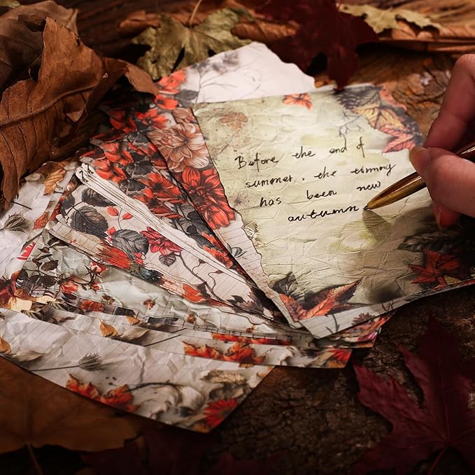 Autumn-Themed Vintage Scrapbook Paper Set, 180 PCS Floral Craft Paper Kit with Glue Tape for Journaling, Scrapbooking, DIY Crafts, and Art Supplies