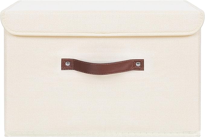 ANMINY 4PCS Storage Bins with Lid PU Leather Handles Storage Boxes PP Plastic Board Decorative Foldable Lidded Cotton Linen Fabric Home Cubes Baskets Closet Organizer Containers - Beige, Large Size