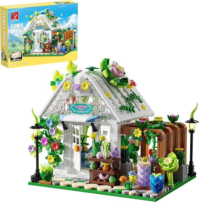 TGL Flower House Building Set with Lights,Garden House Building Toy Kits Compatible with Trend,Creative Greenhouse Playset,Christmas Birthday Gift for Adults or Girls 8-12 Years(719PCS)
