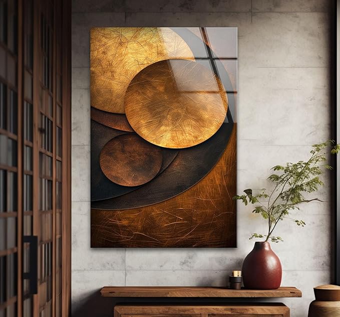 My Photostation.com 27Wx43H'' Bronze Art Deco Geometric Motifs Glass Wall Art Tempered Glass Printing Wall Decor Large Wall Art Wall Hangings