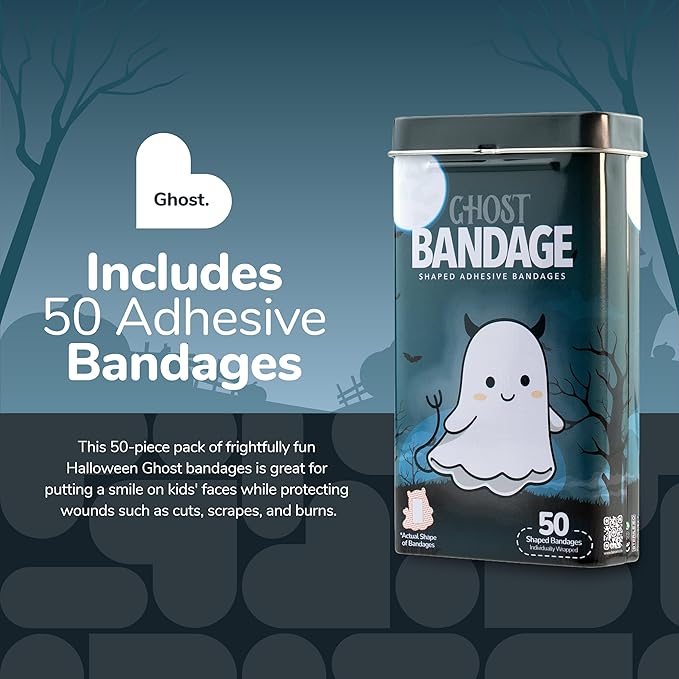 BioSwiss Bandages, Halloween Ghost Shaped Self Adhesive Bandage, Latex Free Sterile Wound Care, Fun First Aid Kit Supplies for Kids, 50 Count