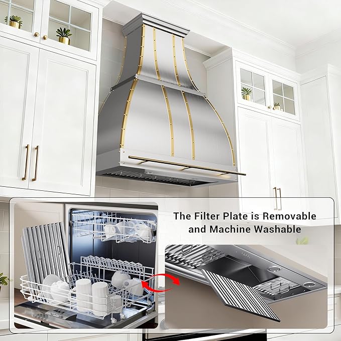 CHETTO C Stainless Steel Range Hood Cover with Quiet Vent Hood Insert Custom Handcrafted Metal Kitchen Fan with Towel Rack LED Light 54"W x24"D x51"H Brushed Stainless Steel Wall Mount