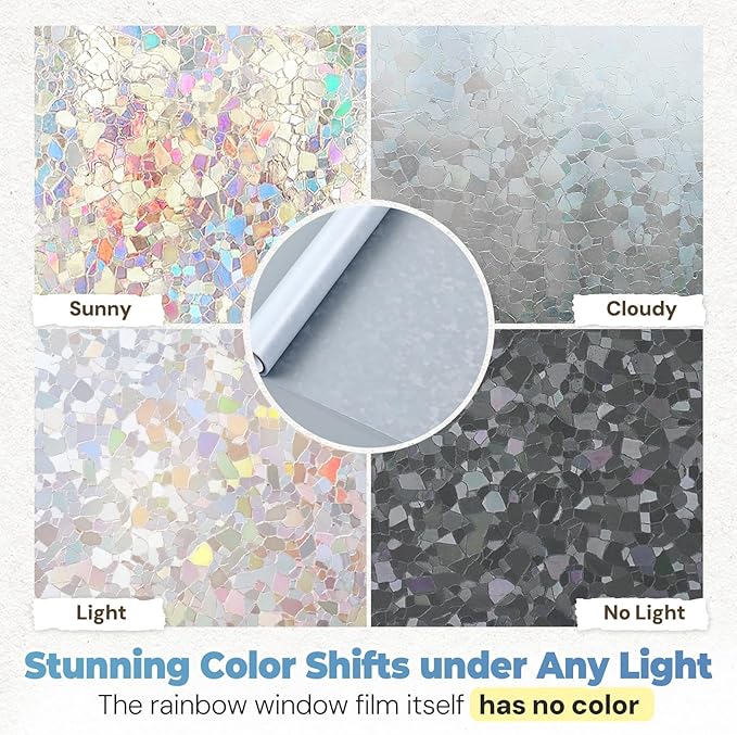 DOWELL Window Privacy Film Rainbow Film, Stained Glass Decorative Sticker, Static Cling Non-Adhesive Glass Clings, Sun Blocking Heat Control Window Coverings for Home Door, 23.6" x 118.1"