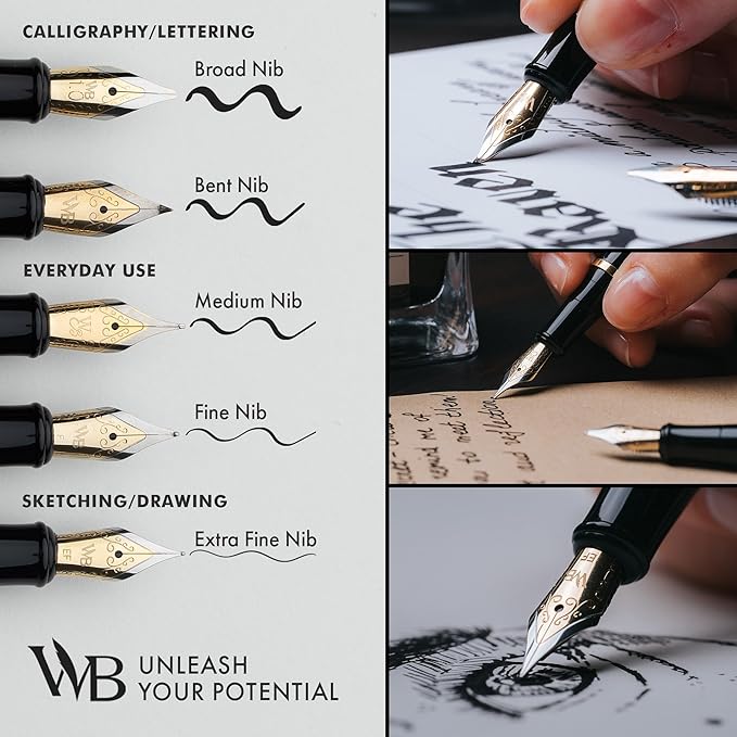 Wordsworth & Black Fountain Pen Set, Medium Nib, Includes 24 Ink Cartridges and Ink Refill Converter, Gift Case, Journaling, Calligraphy, Smooth Writing Pens [Silver Gold], Perfect for Men and Women