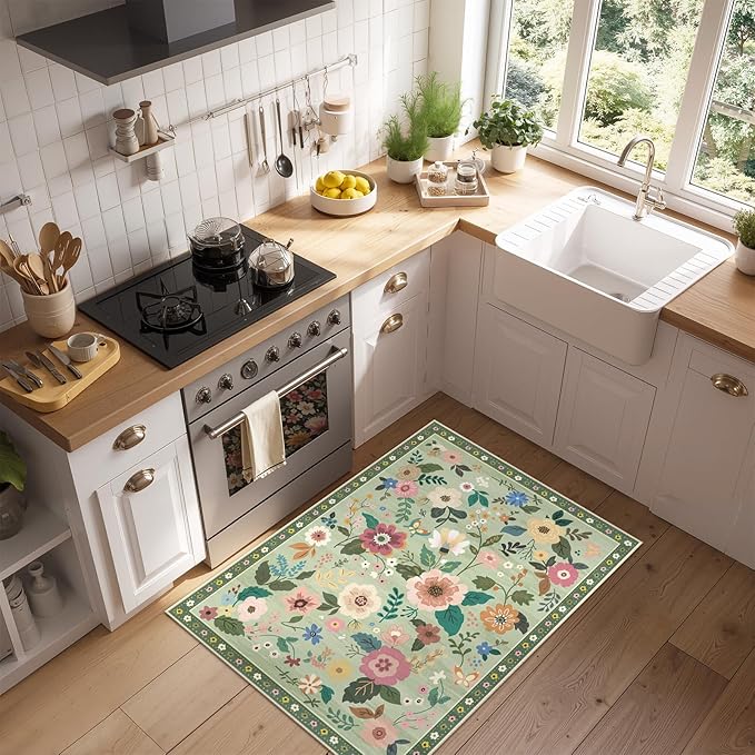 Floral 2x3 Area Rug Machine Washable Soft Print Boho Carpet Non Slip Doormat Low Pile Flower Area Rugs for Living Room Bedroom Nursery Kitchen Dining Room Indoor-Light Green