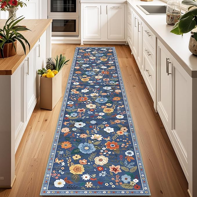 Floral 2x6 Area Rug Machine Washable Soft Print Boho Carpet Non Slip Doormat Low Pile Flower Area Rugs for Living Room Bedroom Nursery Kitchen Dining Room Indoor-Blue/Grey