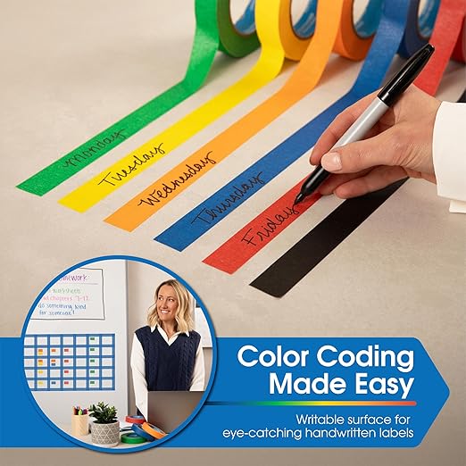 Spartan Industrial - 1" X 60 yd Green Masking Tape - 12 Colored Tape Rolls for Bundling, Labeling, and More - No Residue, 5.5 Mil