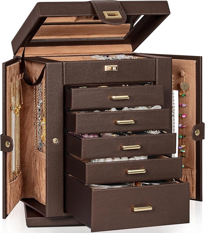 AKOZLIN 360° Rotating Jewelry Box 6-Tier Organizer Functional 360° Rotating Jewelry Storage Case for Women Girls Ring Necklace Earring Bracelet Holder with Mirror Brown