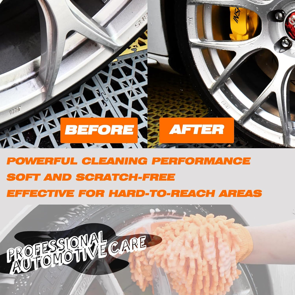 Raeyuan Car Wash Mitt Microfiber 2 Pack Scratch Proof & Lint-Free Wash Mitt for Cars, SUVs, Trucks - Large 9.06"x5.91", Orange & Blue (All-Purpose Car Cleaning)