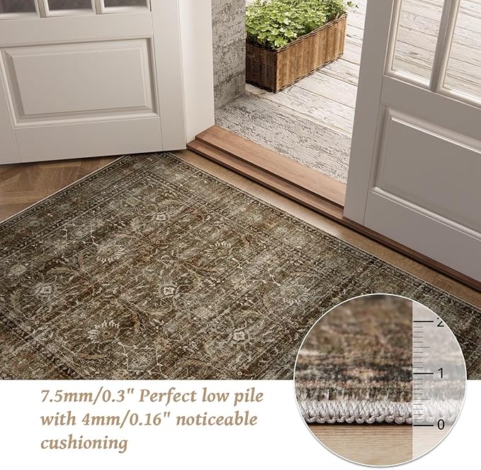 Washable 10x14 Area Rugs for Living Room, Boho Non-Slip Silicone Backing Rugs for Bedroom Dining Room Office, 0.3" Neutral Oriental Throw Carpet with 0.16" Cushioning Pad, Deep Brown/Multi