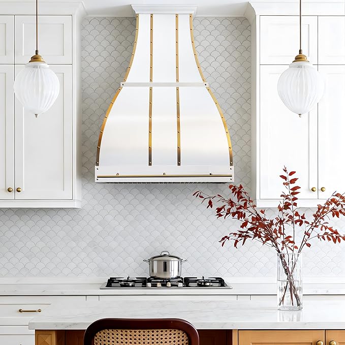 CHETTO C Stainless Steel Range Hood Cover with 4-Speed Vent Hood Insert Custom Handcrafted Metal Kitchen Fan with Towel Rack LED Light 54"W x24"D x27"H White Wall Mount