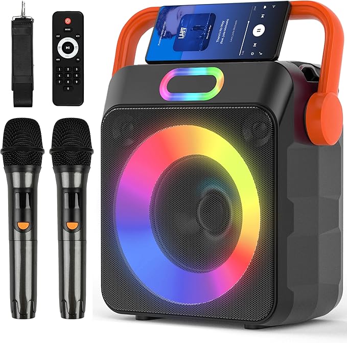 Karaoke Machine with 2 Wireless Microphones, Karaoke Machine for Adults & Kids, Portable Bluetooth Karaoke Speaker with Bass/Treble Adjustment, PA System, LED Lights, Supports TWS/USB/TF/REC/FM/AUX