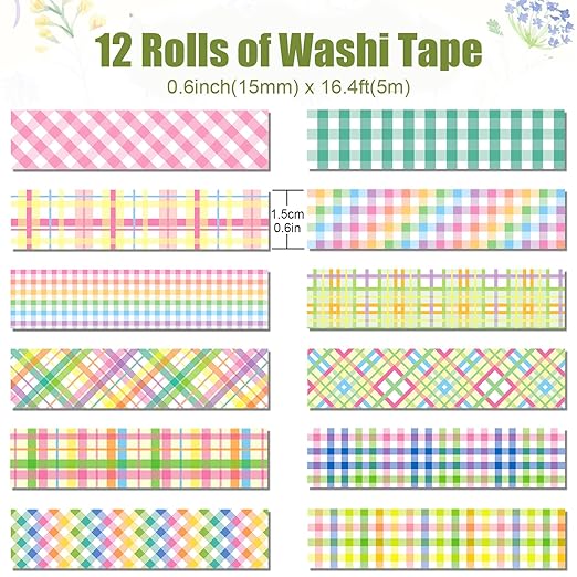 12 Rolls Plaid Washi Tape Set, Colorful Pastel Buffalo Plaid Checkered Masking Decorative Adhesive Tapes for DIY Craft Scrapbook Journals Gift Wrapping Thanksgiving Christmas Party Decor 16.4FT