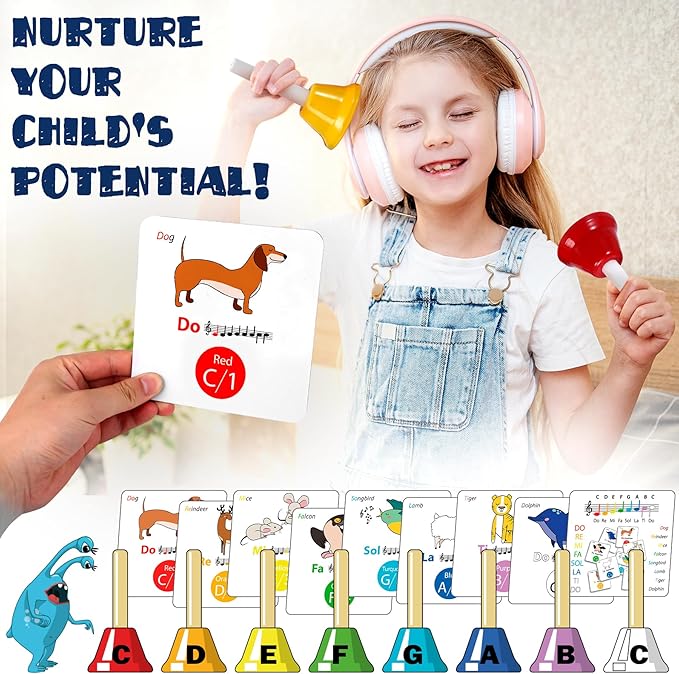 MINIARTIS Hand Bells for Kids | Educational Music Toys for Toddlers 8 Notes Colorful Handbells Set | Kids Musical Instrument with 15 Songbook, Theory Flashcards | Great Birthday Gift for Children