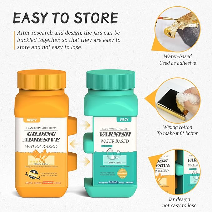 Gold Leaf Adhesive, Gilding Adhesive Set with 100ml Water Based Metal Leaf Glue and 100ml Varnish, 100 pcs Foil, 2 Brushes, Foil Wiping Cotton, for Arts, Crafts and Painting.