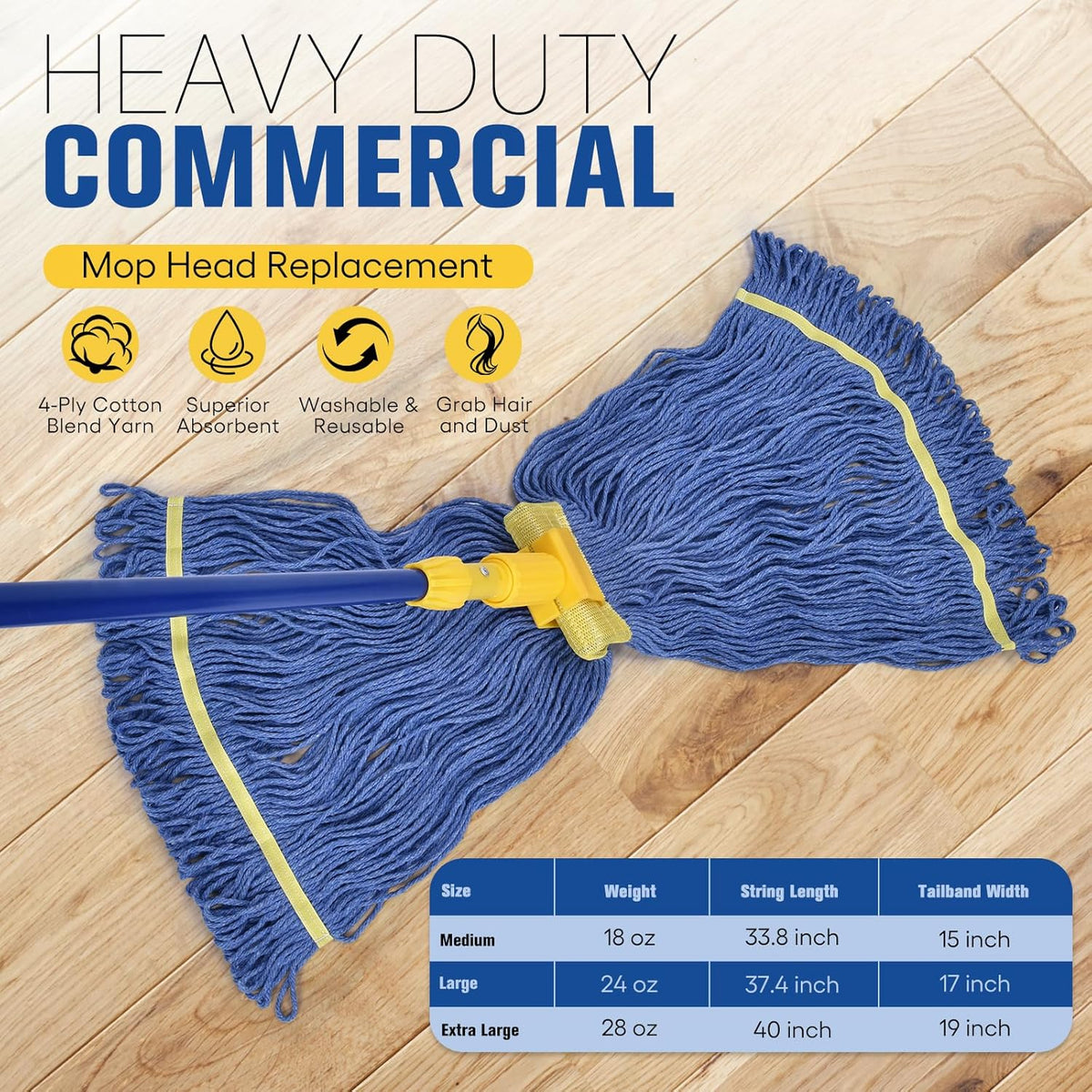Matthew Cleaning Commercial Mop Head Replacement, 5 Inch Wide Headband, Looped End Cotton Blend String Wet Mops for Floor Cleaning, 24 oz Large, 1-Pack Blue