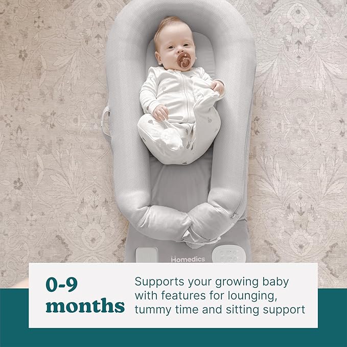 MyBaby 3-in-1 Calming Baby Cushion, Soothing Comfort for Newborns & Infants, Snuggling Sensation, Sound and Vibration, Designed for Safety, Rechargeable & Machine-Washable, by Homedics, Gray