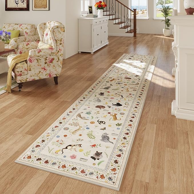Rugcomf Runners for Kitchen Runner Rug Non Slip 2'x10' Long Washable Rugs with Rubber Backing Soft Floral Animal Cat Carpet Runner for Kitchen Laundry Bedroom Bathroom, Beige