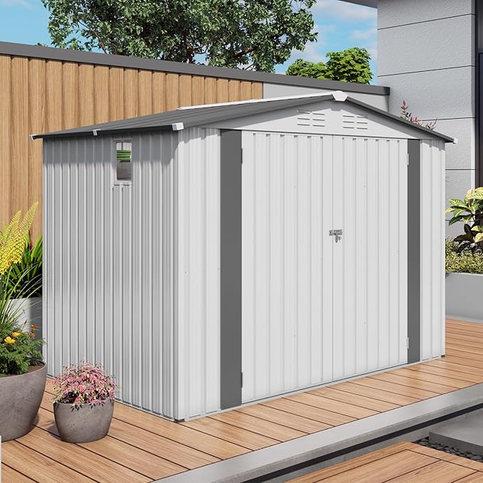 8x6 FT Outdoor Storage Shed with Windows, Metal Sheds & Outdoor Storage with Lockable Door and 4 Vents, Outside Storage Shed Waterproof for Backyard, Patio, White+Gray